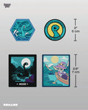 Four Nessie-themed stickers with measurements on a gray background
