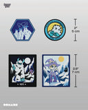 Four patches with different designs on a gray background, featuring measurements for each sticker.