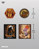 Four Bigfoot-themed stickers with measurements on a light gray background, featuring the brand 'Domaru'.