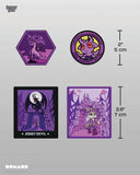 Set of four purple-themed patches with measurements on a gray background
