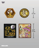 Four decorative patches with jackalope designs and measurements on a light gray background.