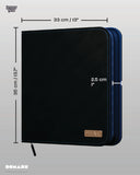 Black card binder with measurements on a gray background
