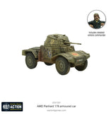 Model of an AMD Panhard 178 armoured car with a detailed vehicle commander figure on a white background.