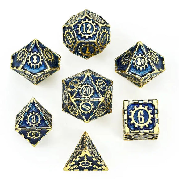 Hymgho Dice: Solid Metal Cogcraft Polyhedral Dice Vault Dweller Set Gold and Blue - 7D (Copy)