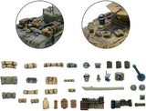 Collection of miniature model parts on a white background