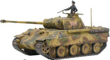 Model tank with camouflage pattern and a figure on top against a white background