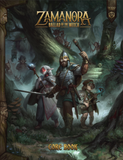 Front cover of the Zamanora Ballad of the Witch Core Book, featuring fantasy artwork of three adventurers in a dark, misty forest with the title at the top and 'Core Book' at the bottom.