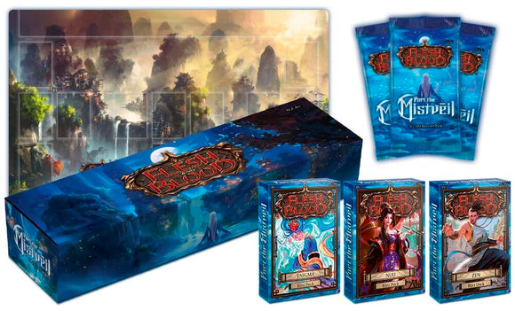 Flesh and Blood collection box and cards with a fantasy landscape design.
