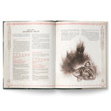Open book with text and illustration on a white background