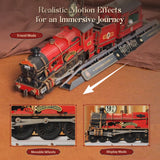 A red and black toy steam locomotive displayed on a track with promotional text reading 'Realistic Motion Effects for an Immersive Journey.' The image includes a 'Travel Mode' label, a white arrow, and two inset panels showing close-ups of the locomotive's wheels and front cab area, labeled 'Movable Wheels' and 'Display Mode.