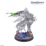 StarCraft tabletop miniature of a translucent icy creature with a green horn, standing on a rocky base with purple and blue crystal details, shown on a white background with StarCraft branding.