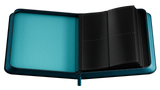 Teal and black card binder on a white background