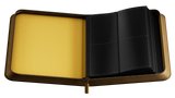 Open leather-bound card binder with yellow interior on a white background