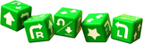 Set of green dice with white arrow symbols on a white background