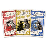 Three playing cards with different designs and text on a white background