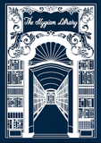 Design of a library with books and an archway on a blue background, featuring the text 'The Stygian Library'.
