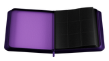Purple and black card binder open on a white background