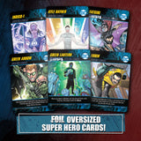 Collection of DC superhero trading cards on a dark background with promotional text.