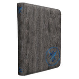 Textured gray case with blue logo on a white background