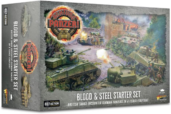 Box for 'Blood & Steel Starter Set' from Battling Panzer with tanks and battle scene on the cover.
