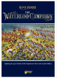 Book cover of 'Black Powder: The Waterloo Campaign' with illustrations of soldiers and horses.