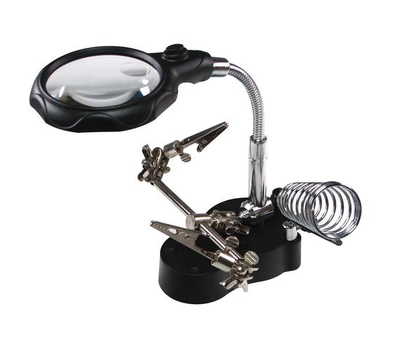 Magnifying glass with adjustable arm and clips on a white background
