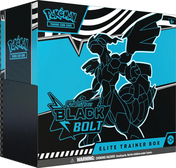 Pokémon Trading Card Game Elite Trainer Box featuring Black Bolt on a blue and black box.