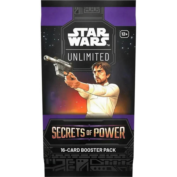 Star Wars Unlimited Secrets of Power trading card booster pack with character holding a gun on a dark background.