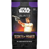 Star Wars Unlimited Secrets of Power trading card booster pack with character holding a gun on a dark background.