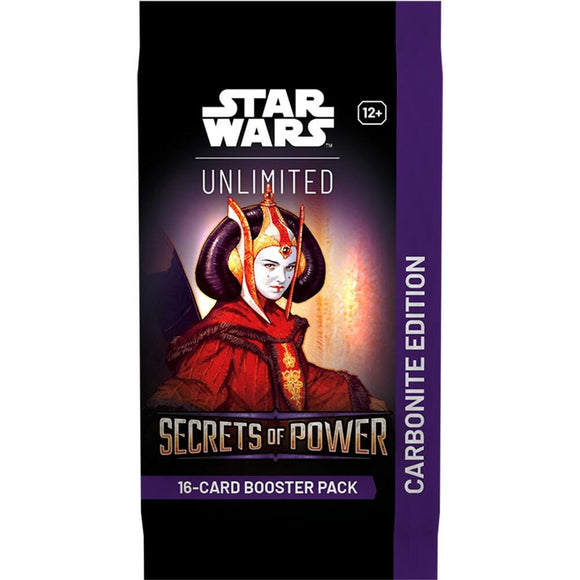 Star Wars Unlimited Secrets of Power booster pack with character artwork on a black and purple background