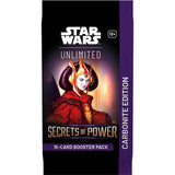 Star Wars Unlimited Secrets of Power booster pack with character artwork on a black and purple background