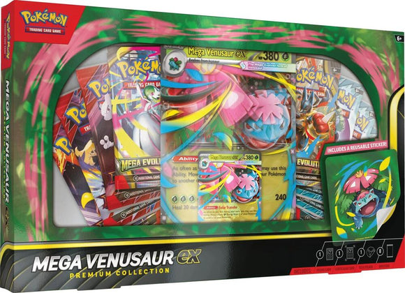 Pokémon Mega Venusaur EX Premium Collection packaging with various cards and toys.