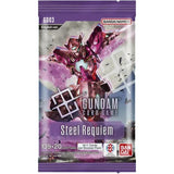 Gundam card game booster pack with robot illustration and Bandai Namco branding.