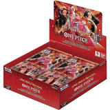 Box of One Piece card game packs featuring character images on a white background