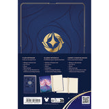 Back cover of a notebook with blue design and gold emblem, featuring text and images of the notebook.