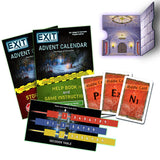 EXIT the Game advent calendar with books, cards, and decoder table on a white background