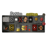 Collection of poker chips, cards, and gaming pieces on a black tray with a white background