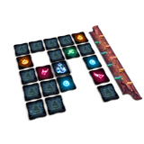 Set of colorful game tiles with a wooden panel on a white background