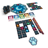 Board game components including a hexagonal game board, cards, and game pieces on a white background