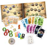 Board game components including cards, tokens, and a game board on a white background