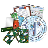 Collection of game components including cards and a spinner on a white background
