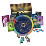 Board game components including a spinner, cards, and character pieces on a white background