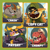 Four cartoon characters named 'Crash', 'Copy Cat', 'Payday', and 'Chompy' on a green background.