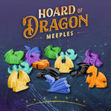 Set of colorful dragon-shaped meeples with 'Hoard of Dragon Meeple' text on a dark blue background.