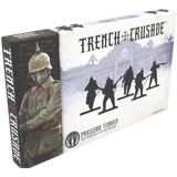 Board game box for 'Trench Crusade' with soldier illustration and silhouettes on a white background.