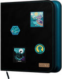 Black card binder with colorful stickers featuring cartoon characters on a blue background