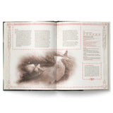Open book with illustrations and text on a white background