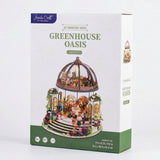 Box for a 'Greenhouse Oasis' miniature house kit with a dome and garden design.