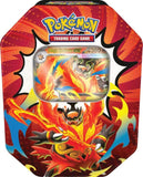 Pokémon trading card game packaging with a fiery design and card inside