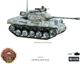 Model tank with a soldier on top, featuring Warlord Games logo and 'US Army tank force' text.